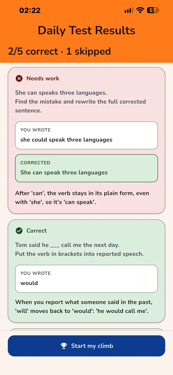 A Daily Test result card showing a wrong answer, the correct answer and a one-sentence explanation.