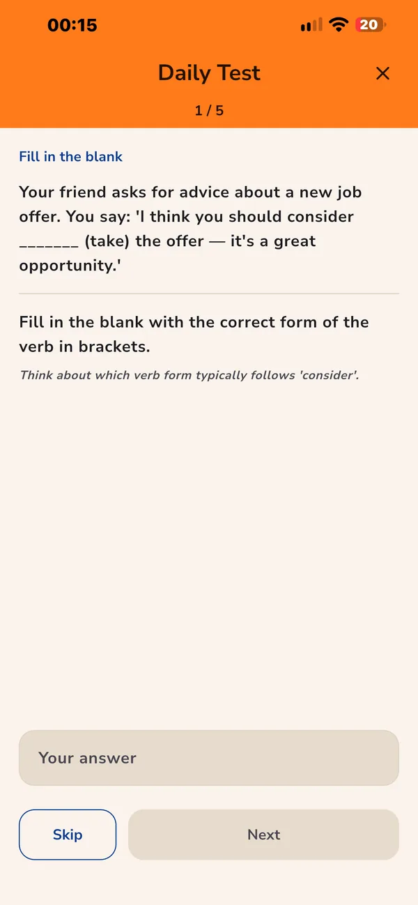 The first Daily Test, showing a fill-in-the-blank question.