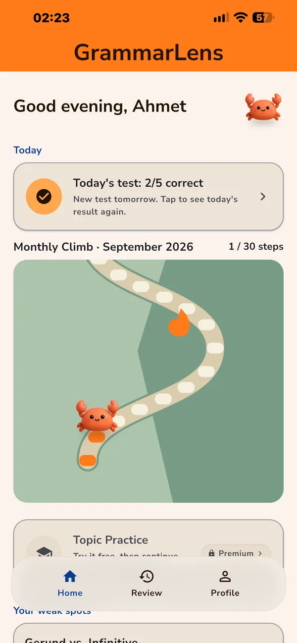Home screen with the avatar on the first step of the mountain trail.