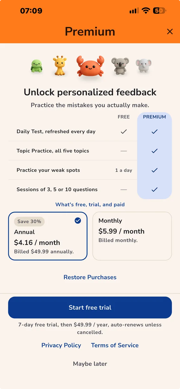 The Premium screen with monthly and annual plans.