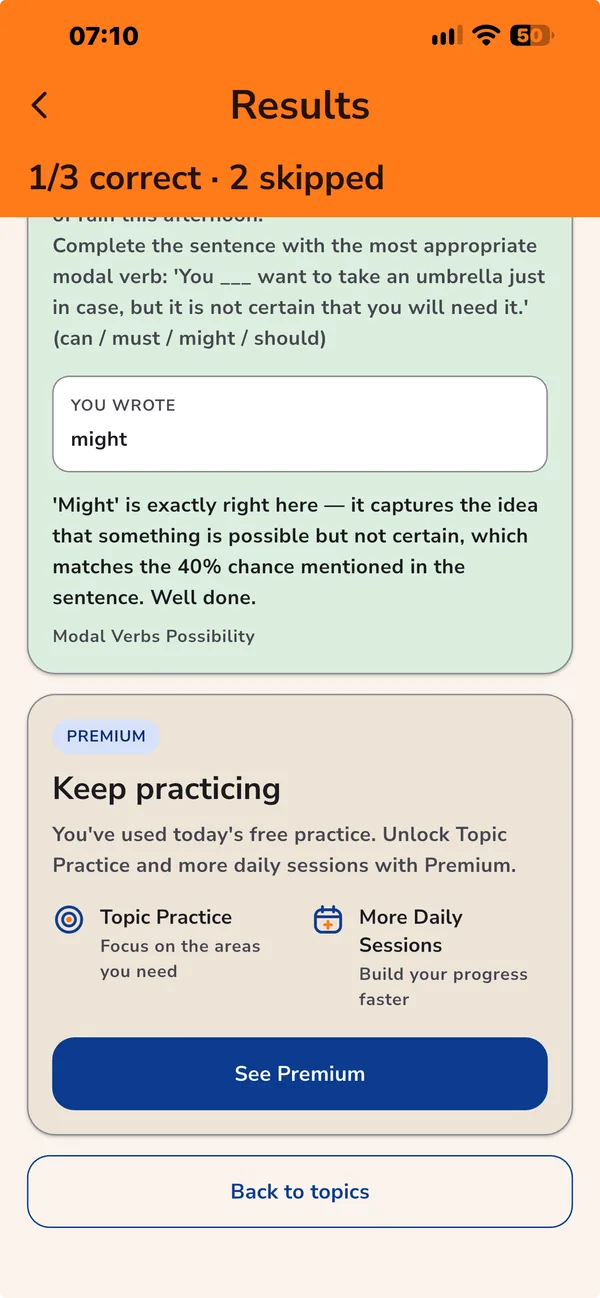 Practice results screen with a Premium offer card and a Back to topics button below it.